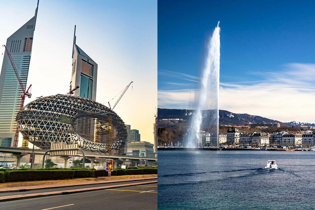 Aerial view of Dubai and Geneva from a private jet charter