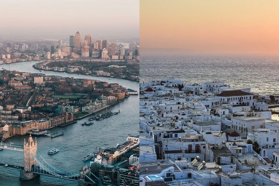 Aerial views of London and Mykonos