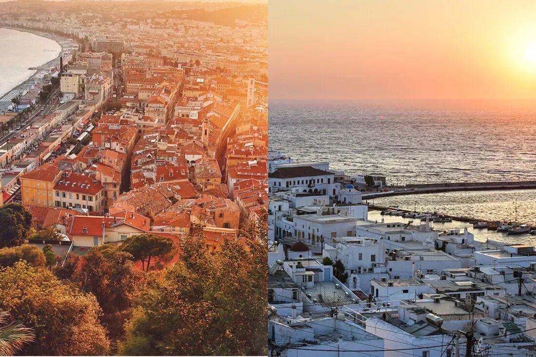 Aerial shots of Nice and Mykonos with the sun setting