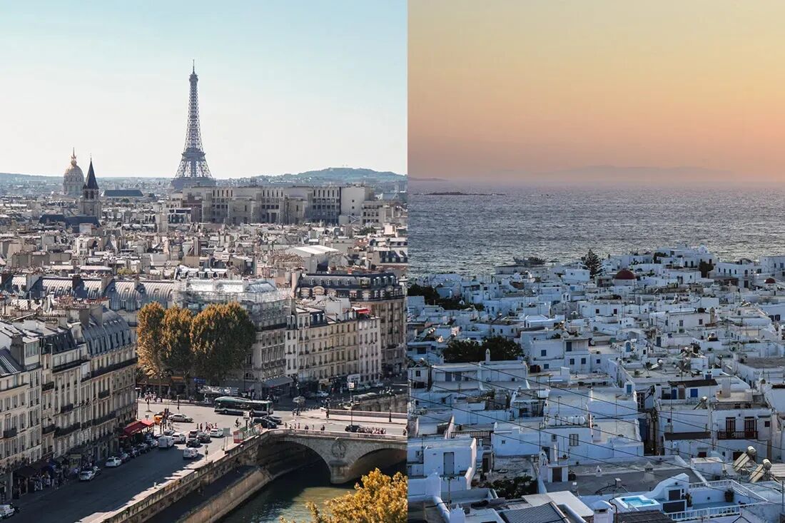 Aerial views of Paris, France with the Eiffel Tower and Mykonos