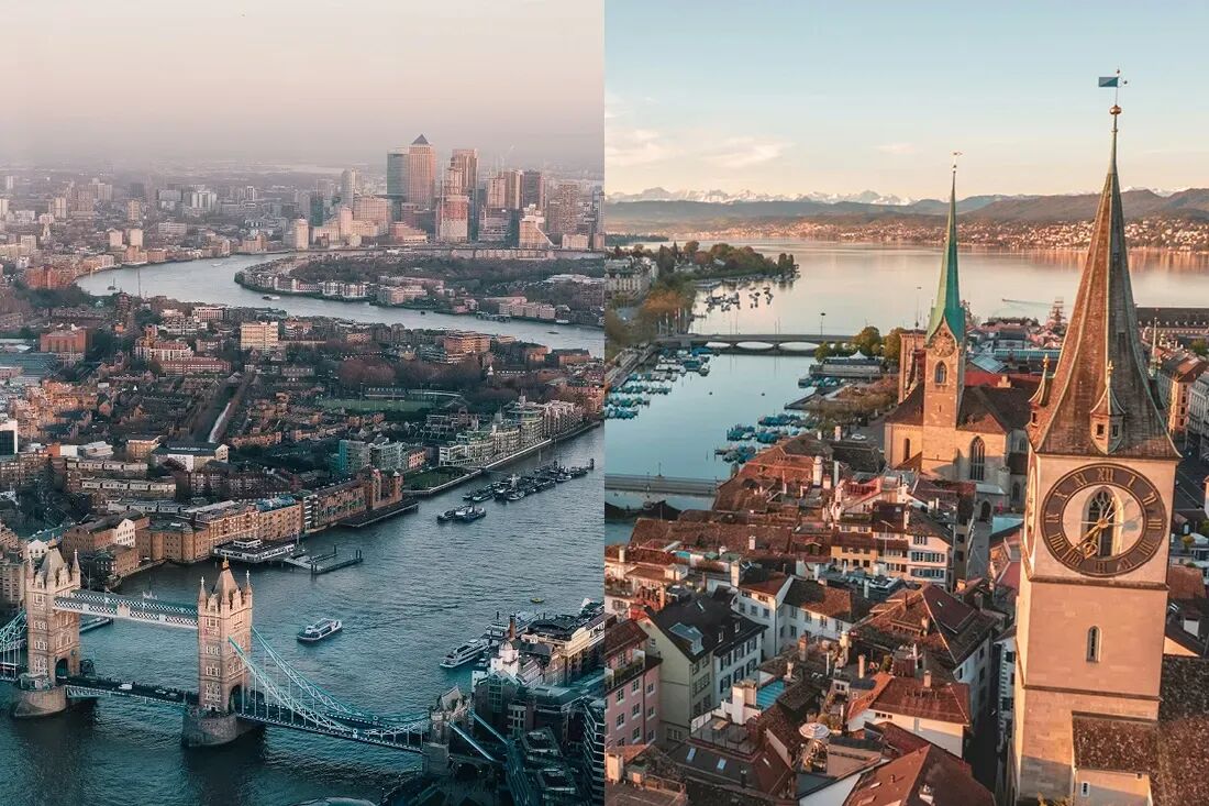 Aerial views of London and Zurich from private jet window
