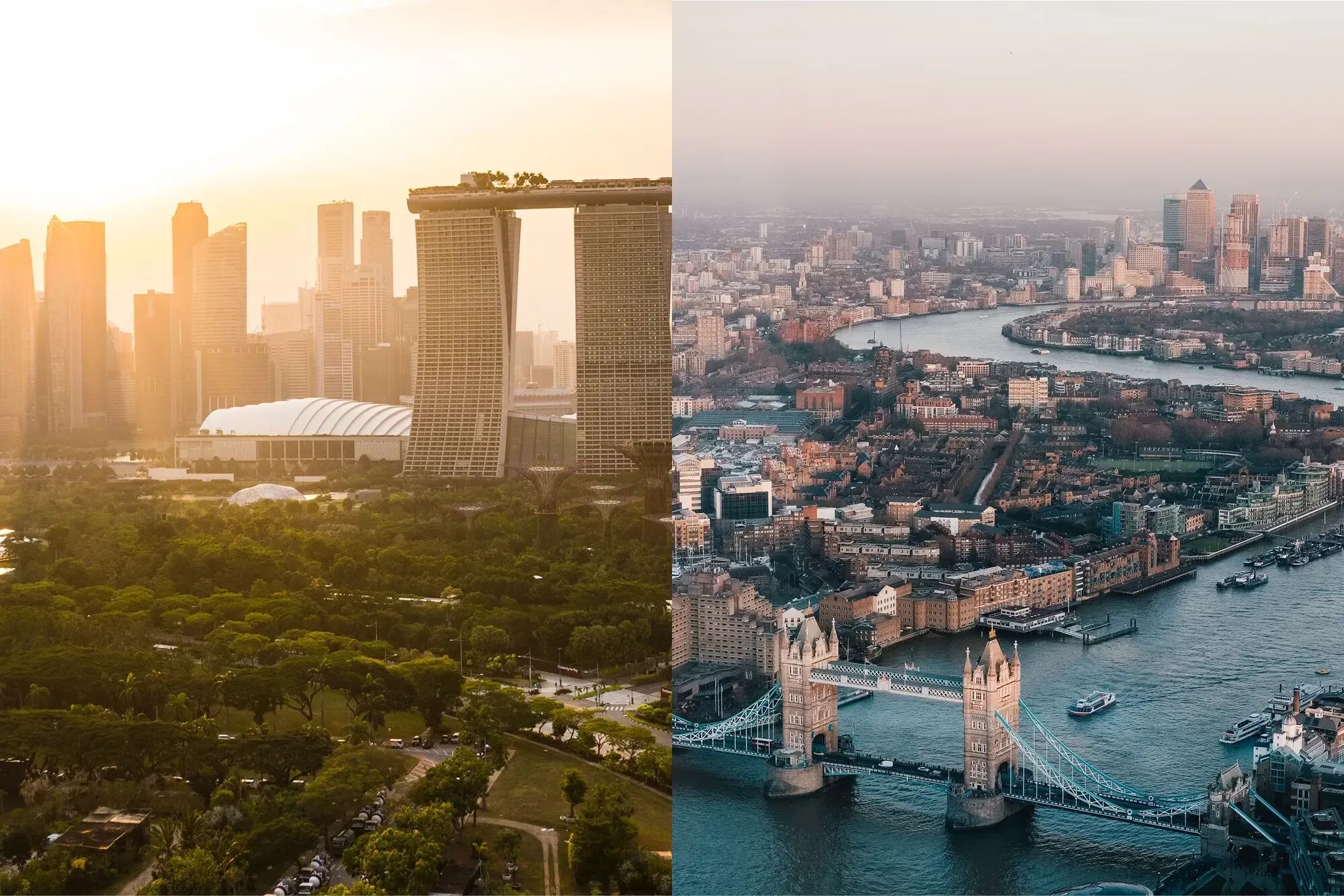 Aerial views of Singapore and London
