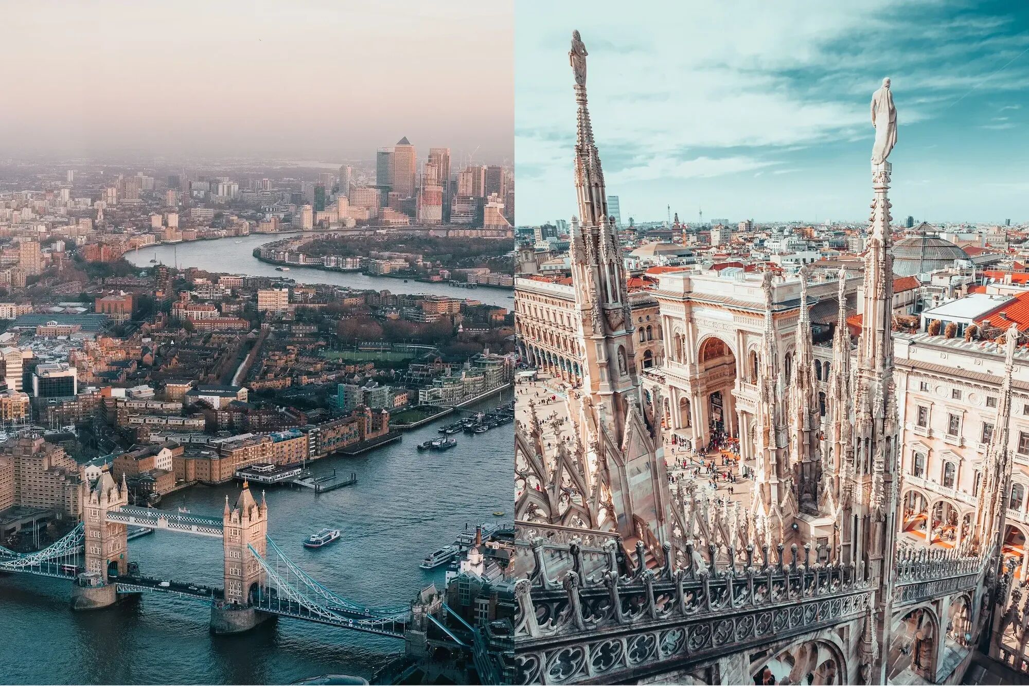 Aerial shots of London and Milan