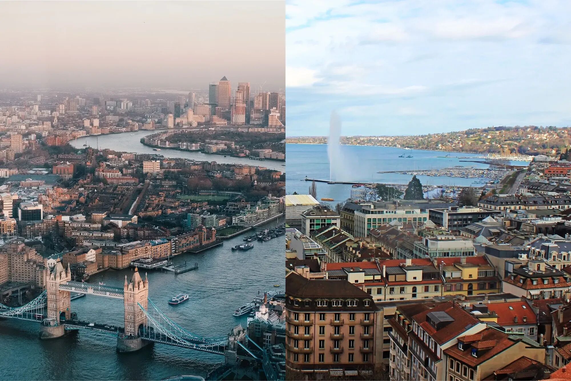 Aerial view of London and Geneva 