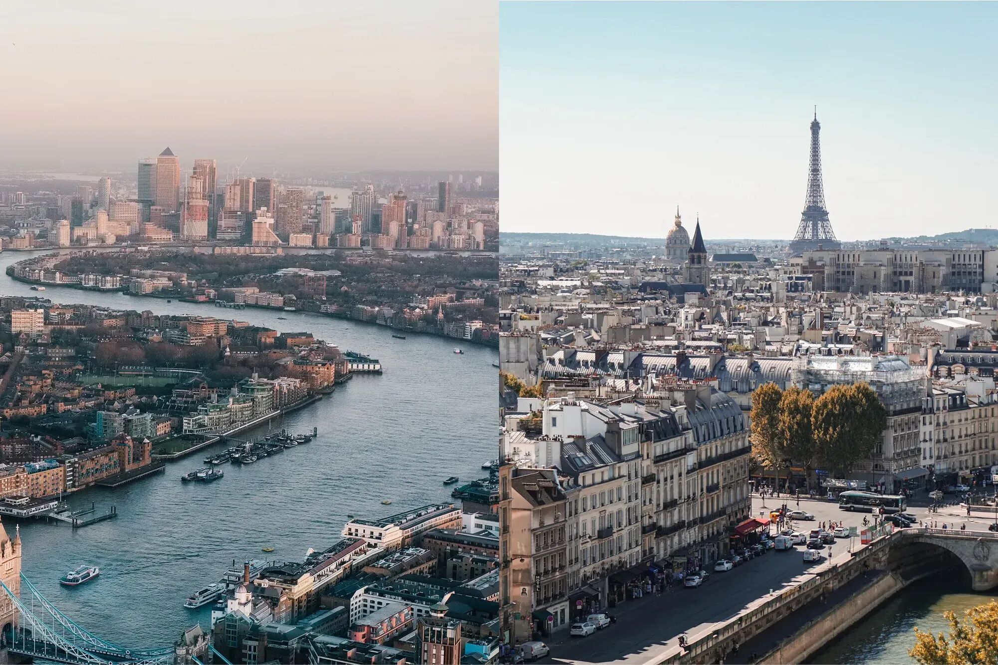 Aerial view of London, UK and Paris, France with the Eiffel Tower