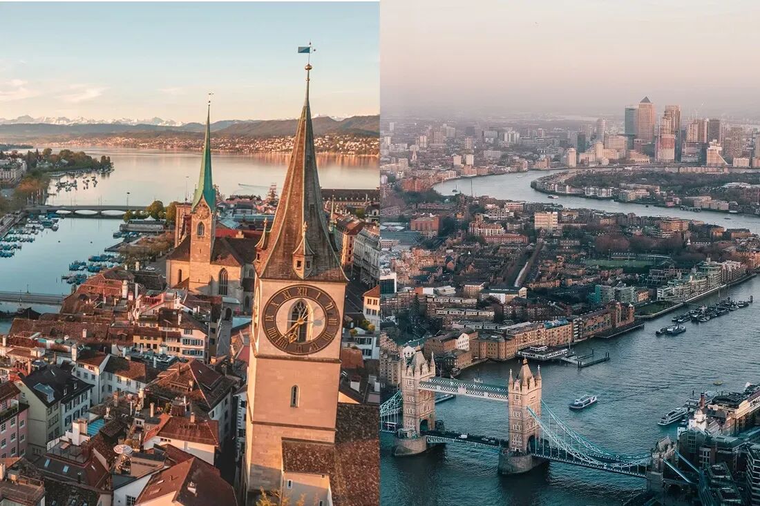 Aerial view of Zurich and London