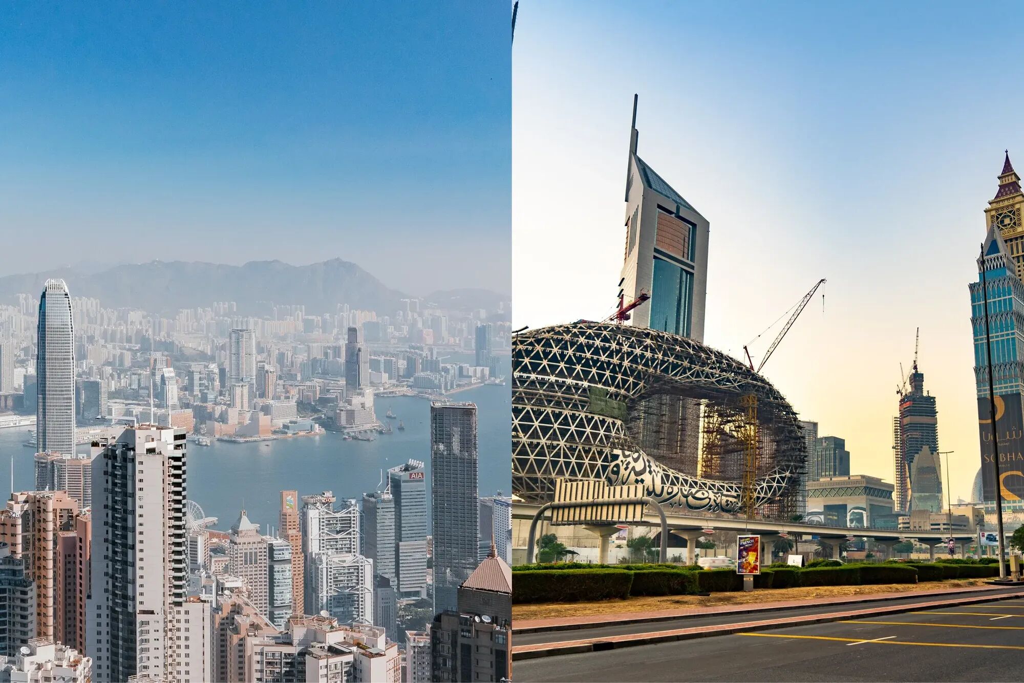 Aerial view of Hong Kong and Dubai