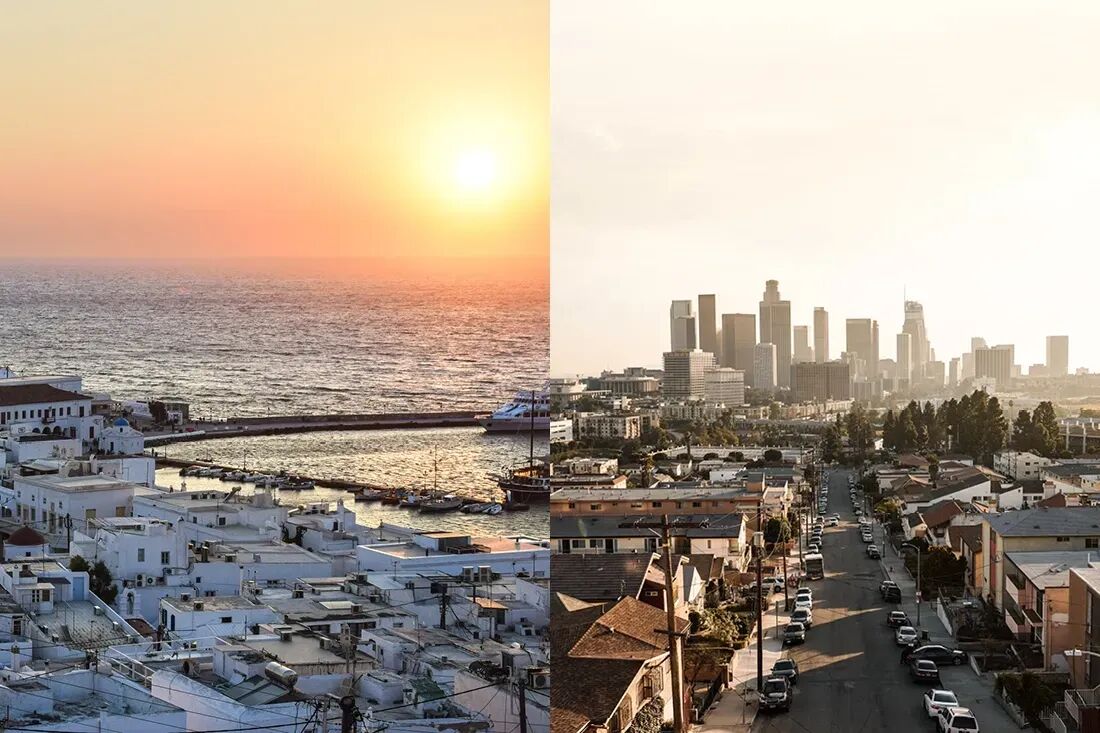 Aerial view of Mykonos and Los Angeles from a private jet charter flight