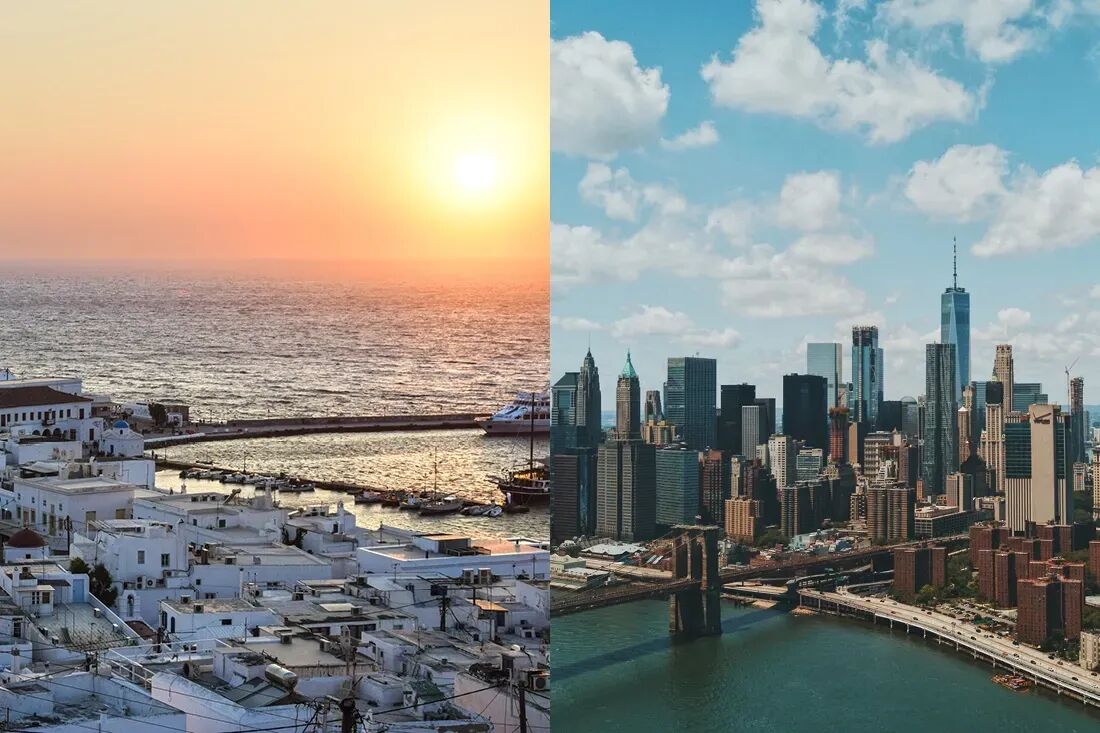 Aerial view of Mykonos and New York City inside a Bluemoon private jet charter