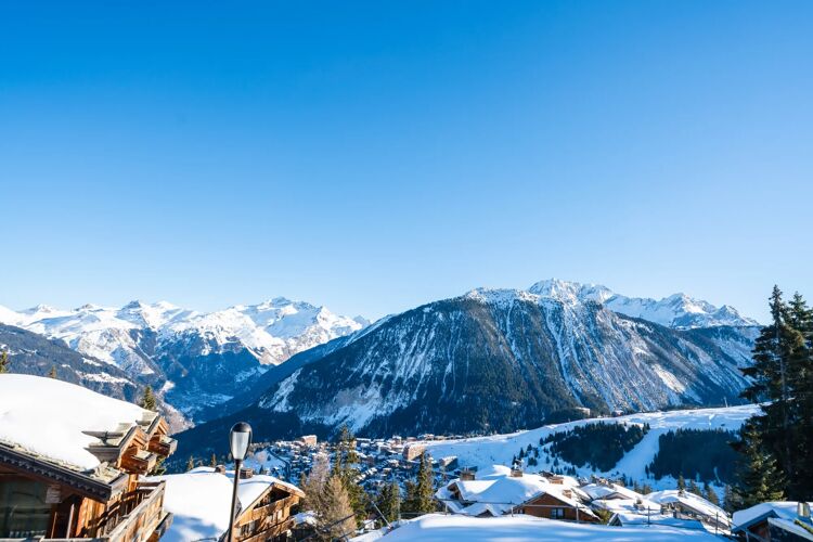 Aerial view of Courchevel ski slopes and chalets – ski holidays in Courchevel France
