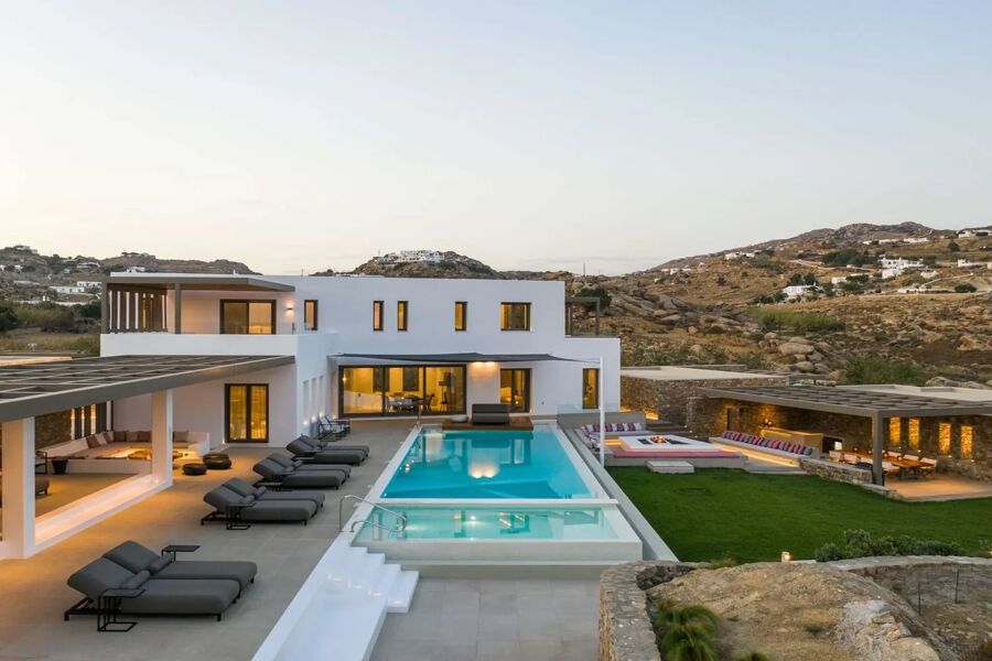 Aerial view of the luxury rental Sunset Paradise Estate in Mykonos set in the hills available with Bluemoon