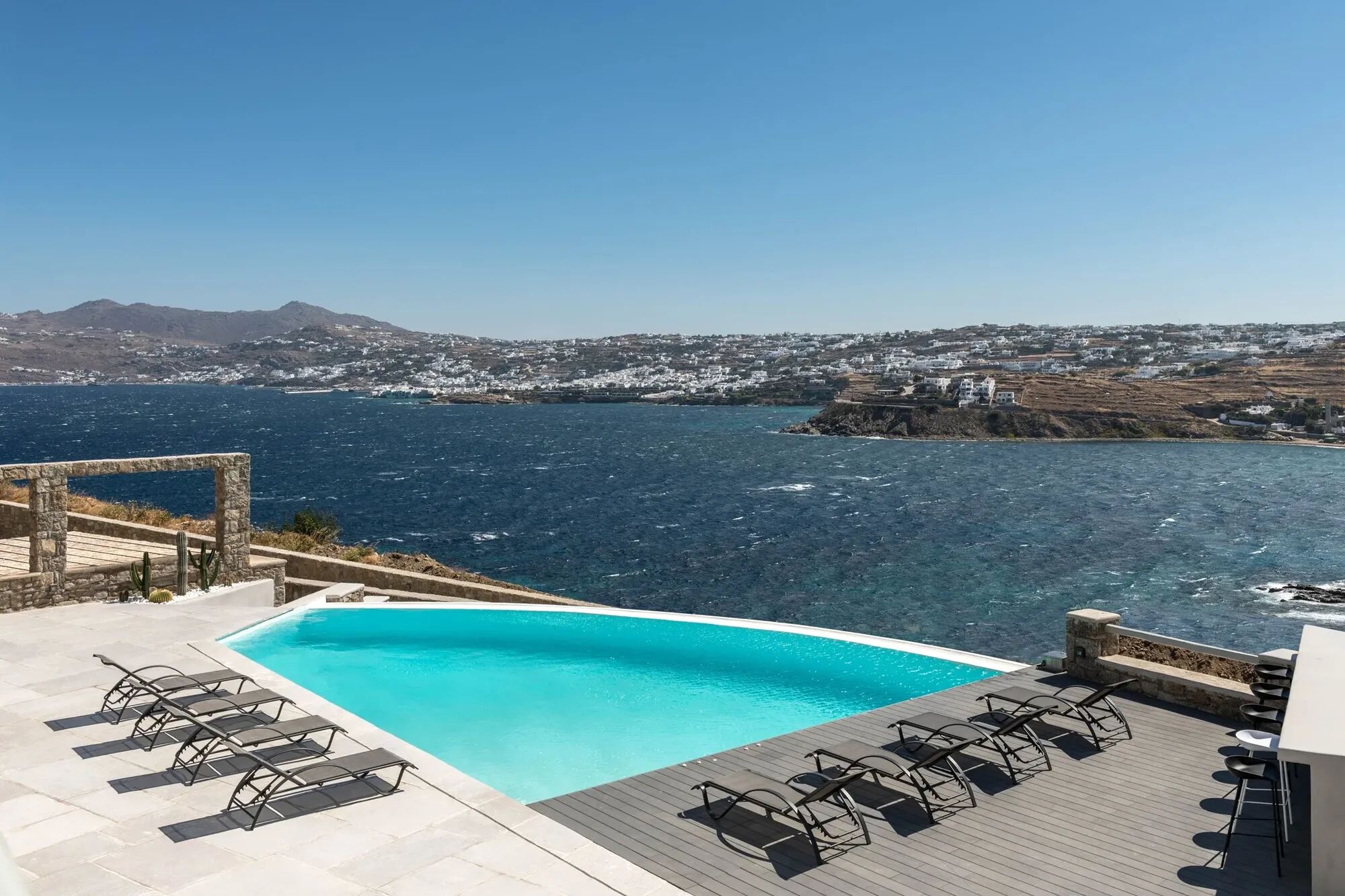 Exterior shot of the beautiful Villa Aquamarine in Mykonos.