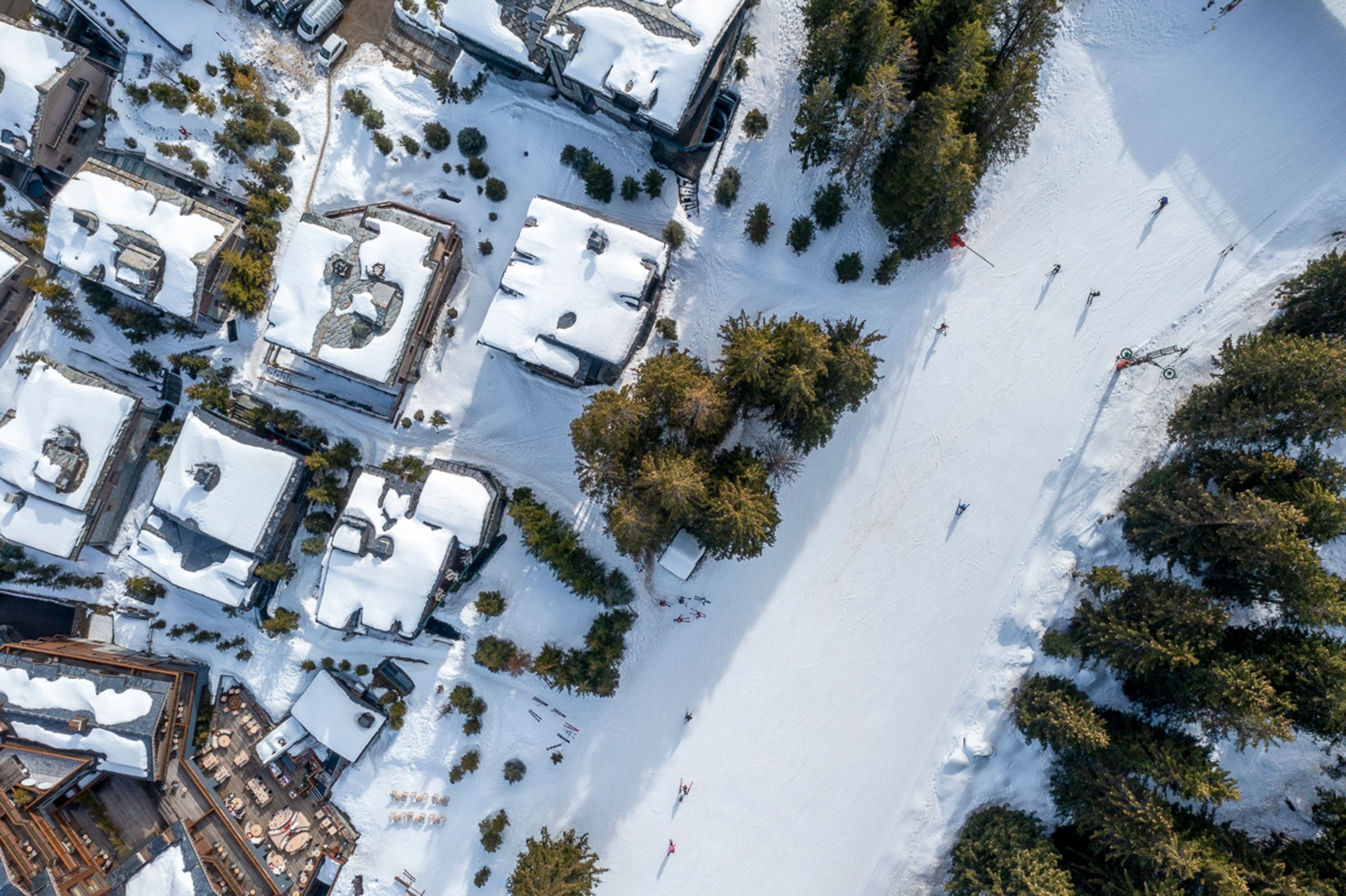 Aerial view of ski-in, ski-out chalets in the French Alps
