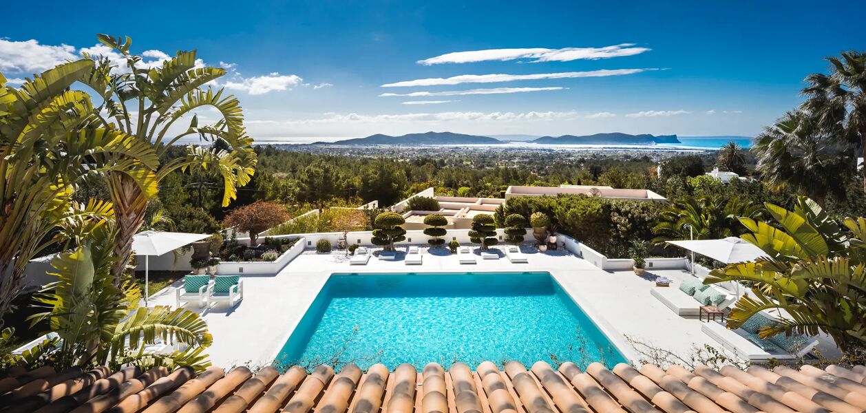 Aerial view of the grounds at luxury rental Villa Lamp which embodies Ibizan style