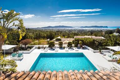 Aerial view of the grounds at luxury rental Villa Lamp which embodies Ibizan style