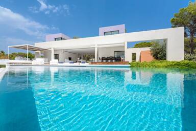 Modern Villa Viola rental from Bluemoon with sleek design, including a spacious pool, stylish outdoor furniture, and surrounded by tropical plants.