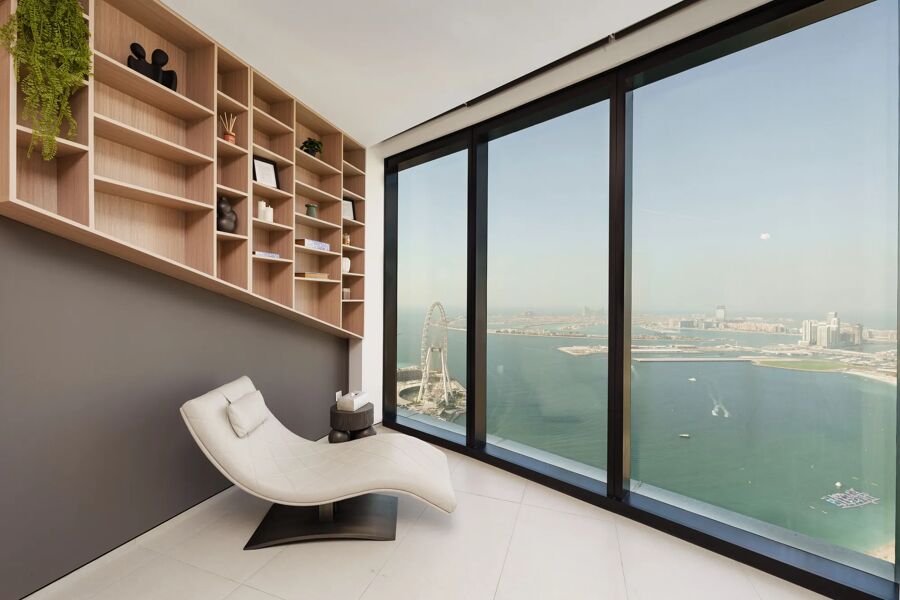 View from The Address, luxury rental property, with floor to ceiling views overlooking the Dubai waters