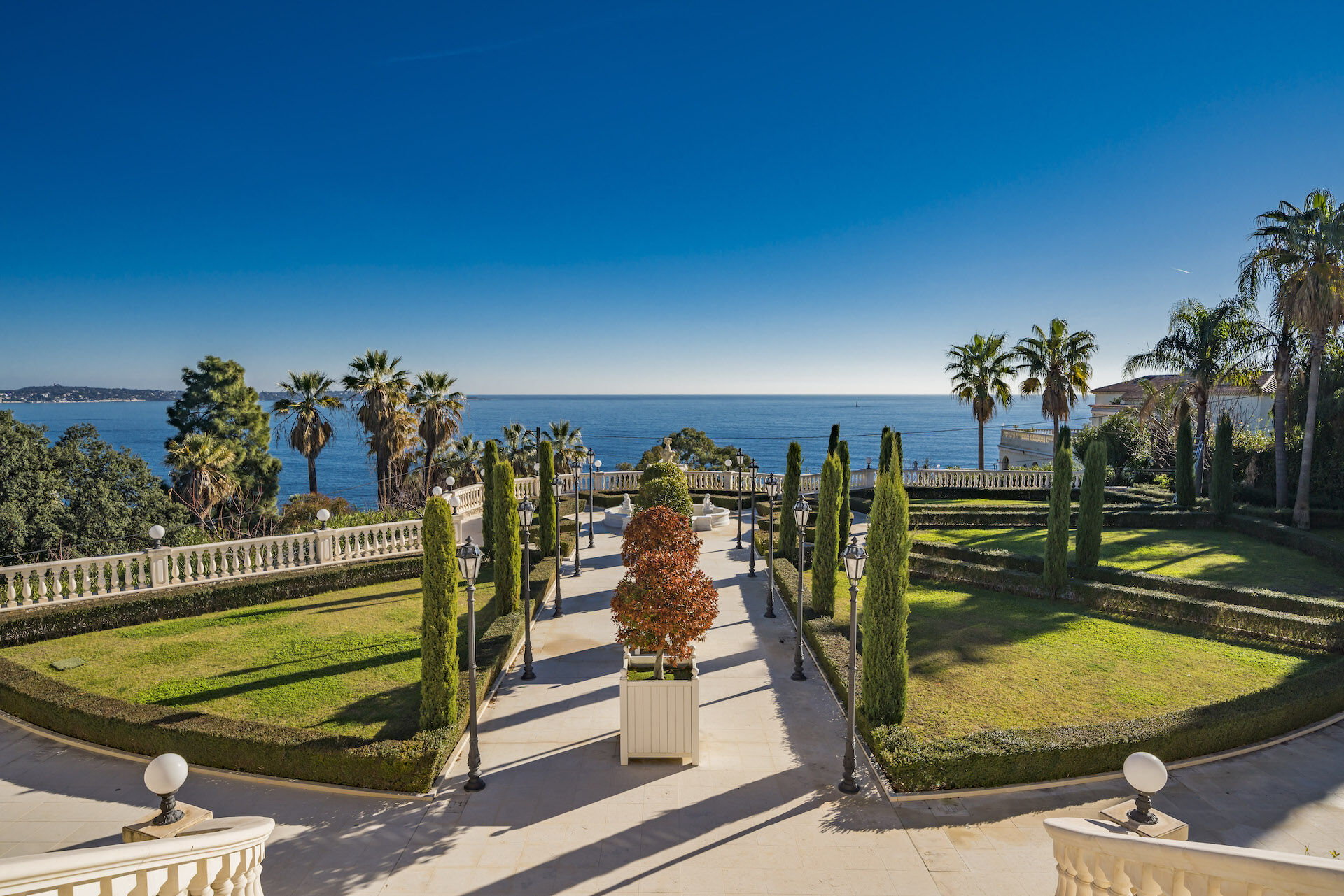 View from Villa Florentine's manicured gardens overlooking the Med