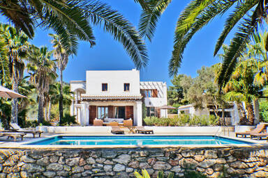 The beautiful stone swimming pool at the luxury villa rental Can Selena in Ibiza