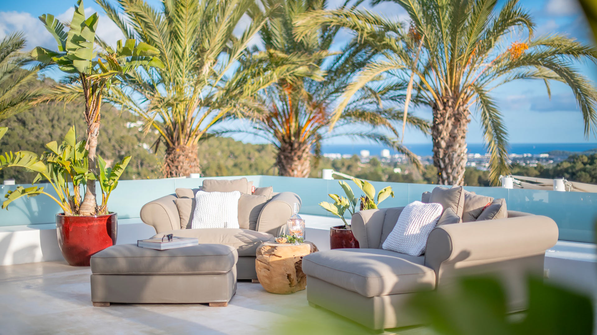 Two comfortably large chairs on a balcony in Villa Casa Isa in Ibiza