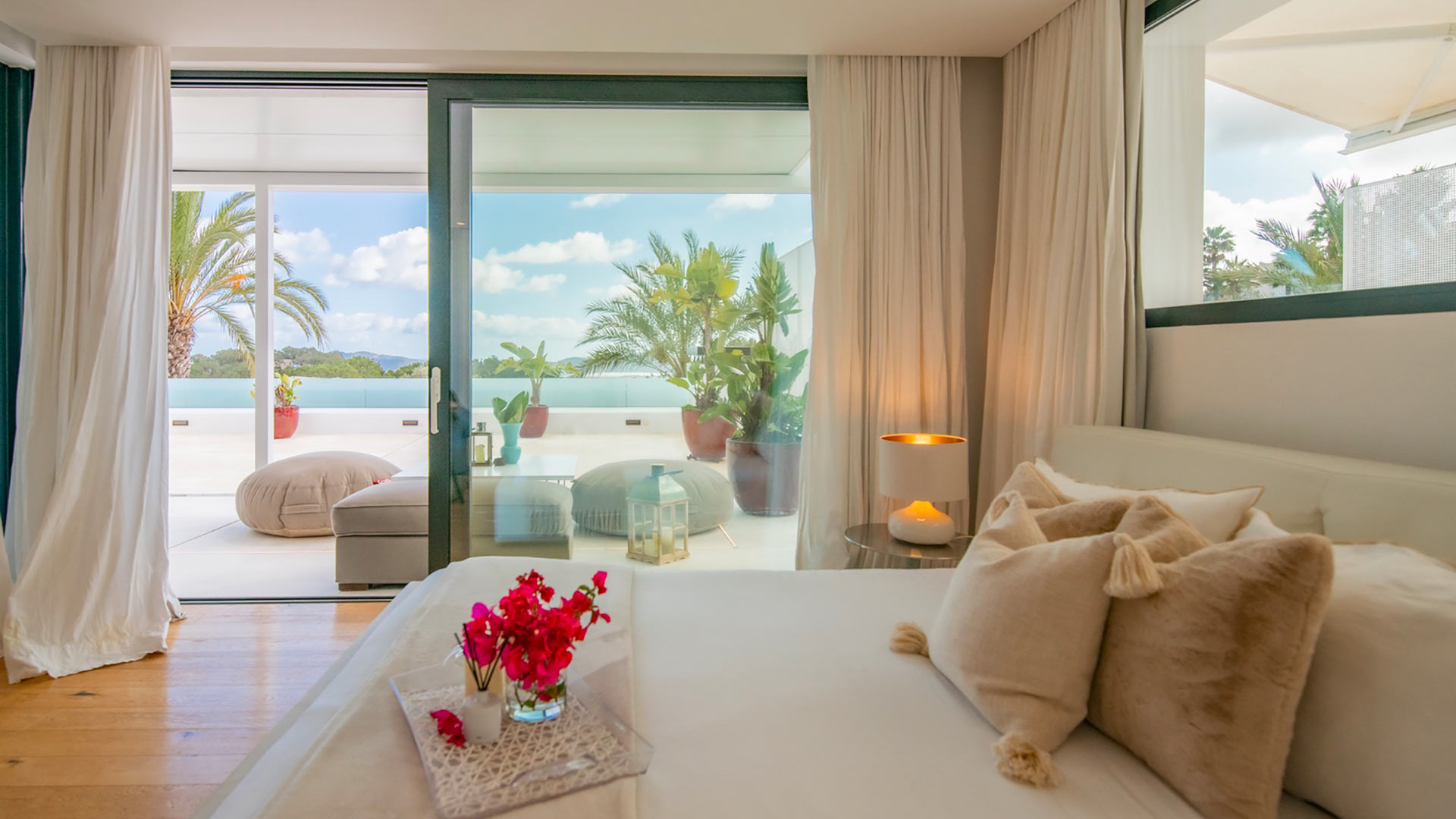 Open patio door to the beautiful exterior of Villa Casa Isa in Ibiza