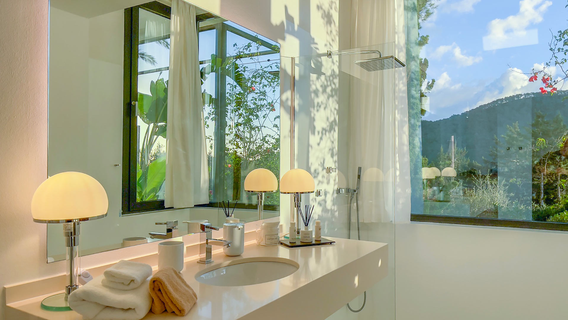 Incredible hill views from the bathroom in Villa Casa Isa in Ibiza