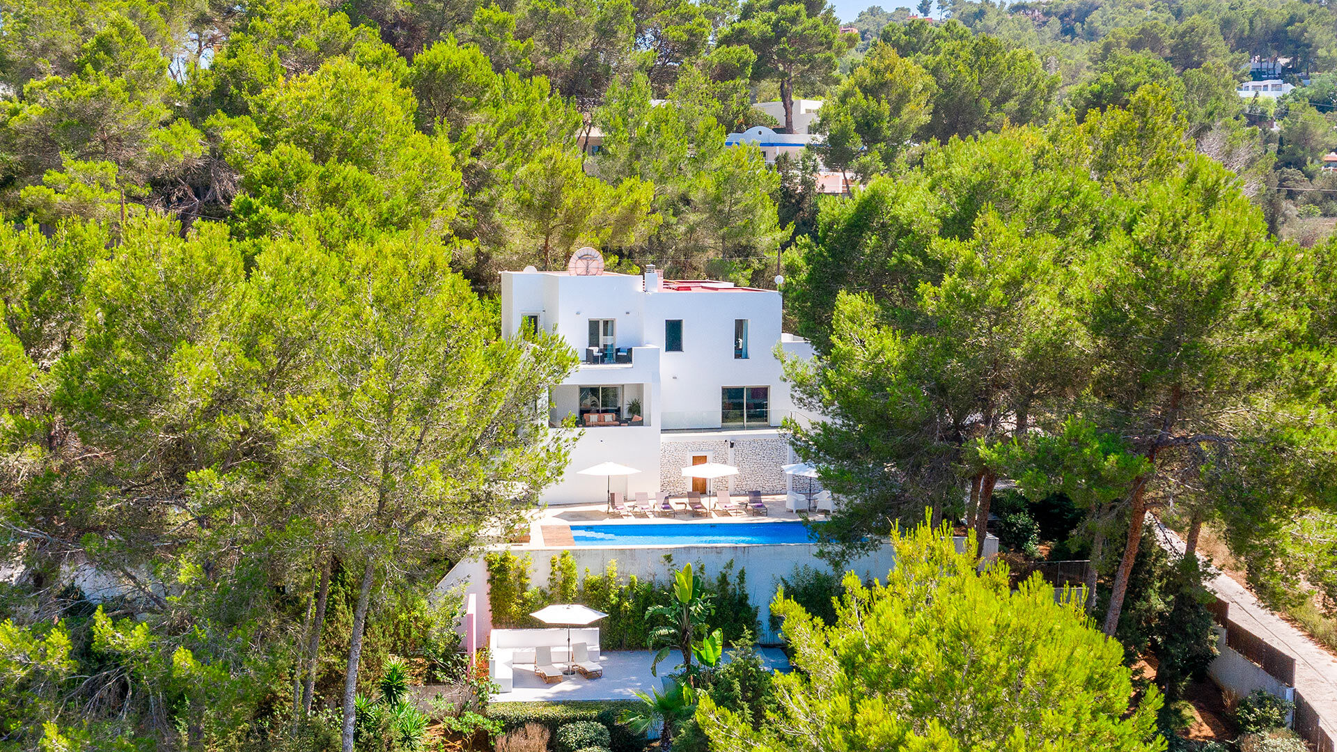 Aerial shot of luxury Villa Fabrik in Ibiza