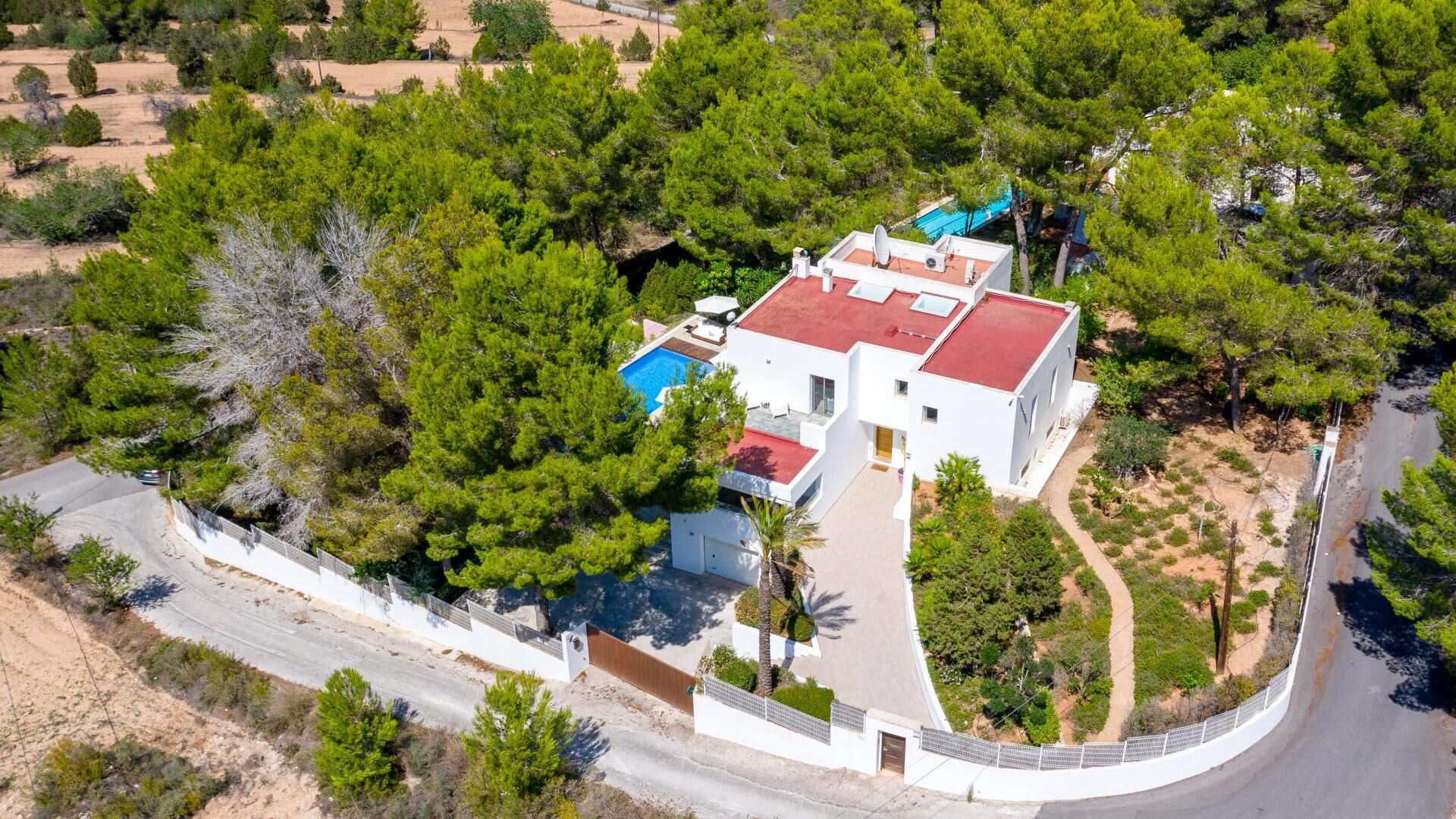Aerial view of Villa Fabrik in Ibiza and the beautiful land it sits on