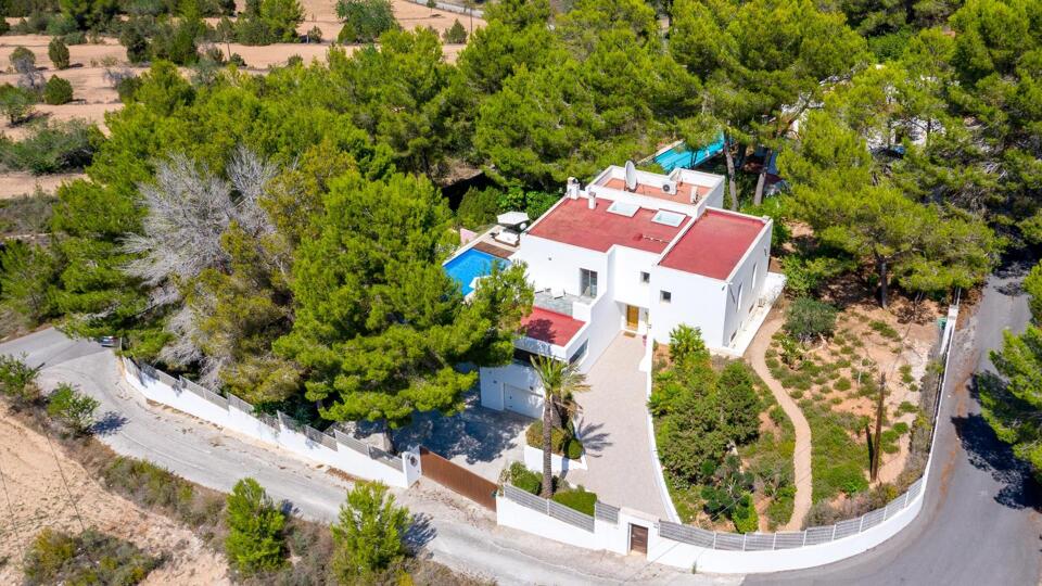Aerial view of Villa Fabrik in Ibiza and the beautiful land it sits on