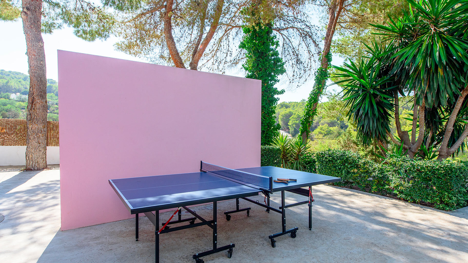 Table tennis set up outside at Villa Fabrik in Ibiza