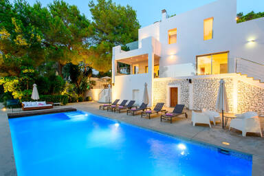 Dusk poolside at the beautiful Ibiza villa Fabrik