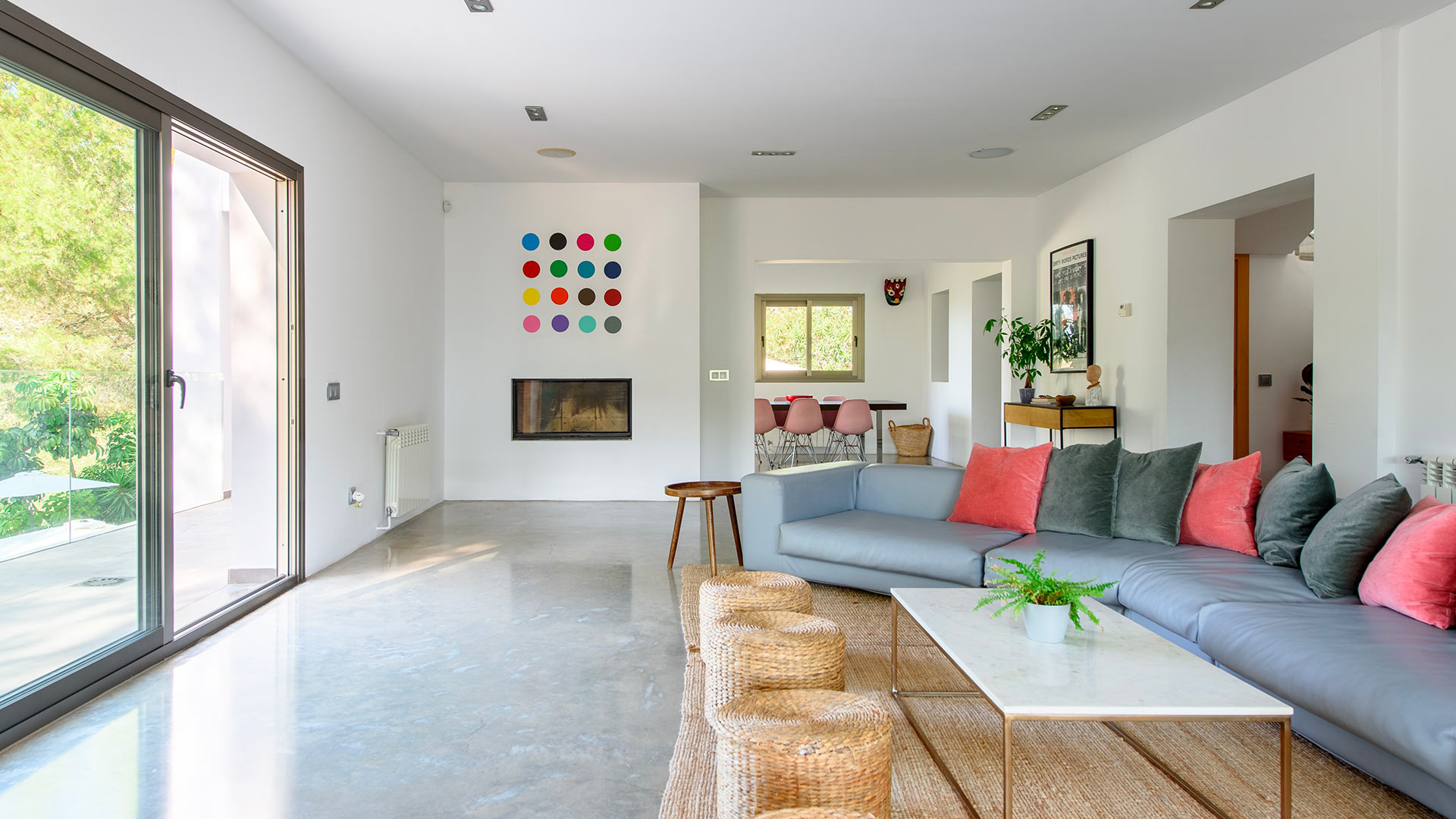 Lounge area and artwork of Villa Fabrik in Ibzia