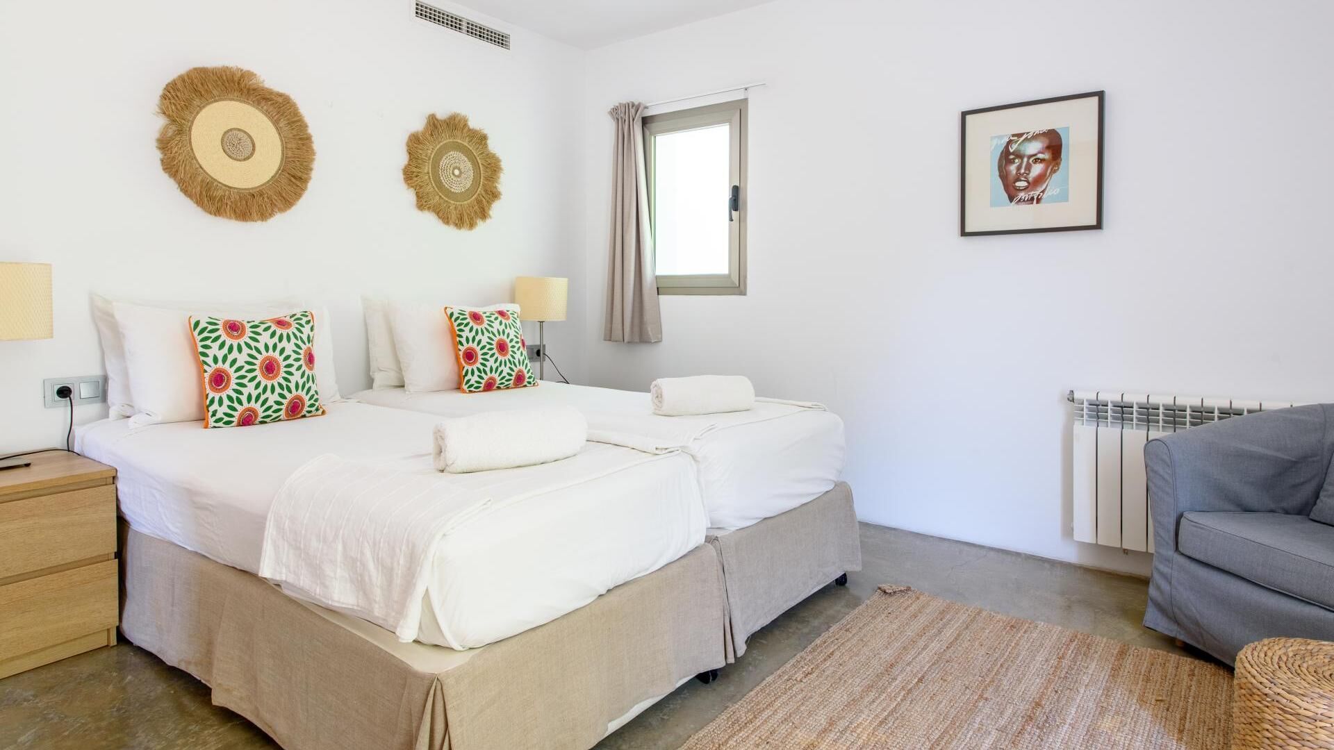 One of the twin bedrooms at Villa Fabrik in Ibiza