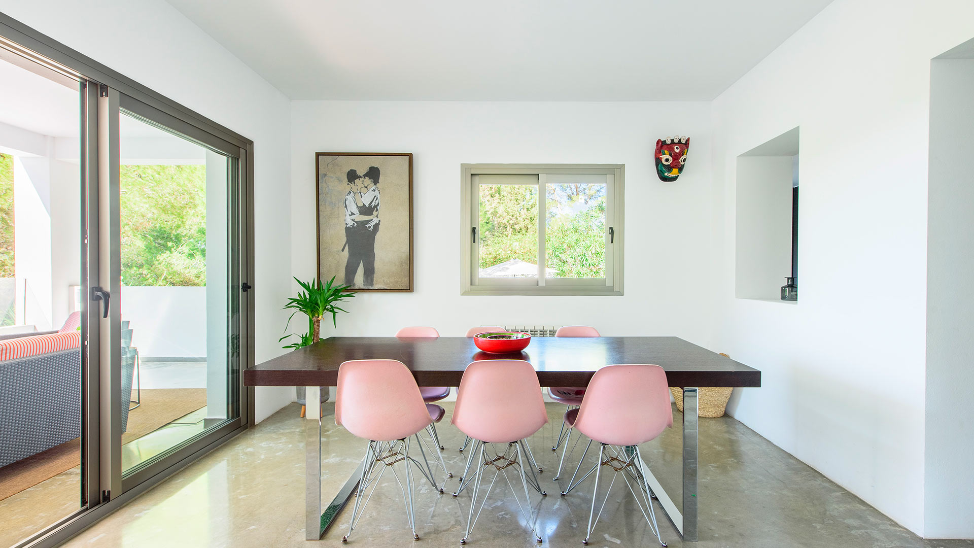 The immaculate dining room at Villa Fabrik in Ibiza