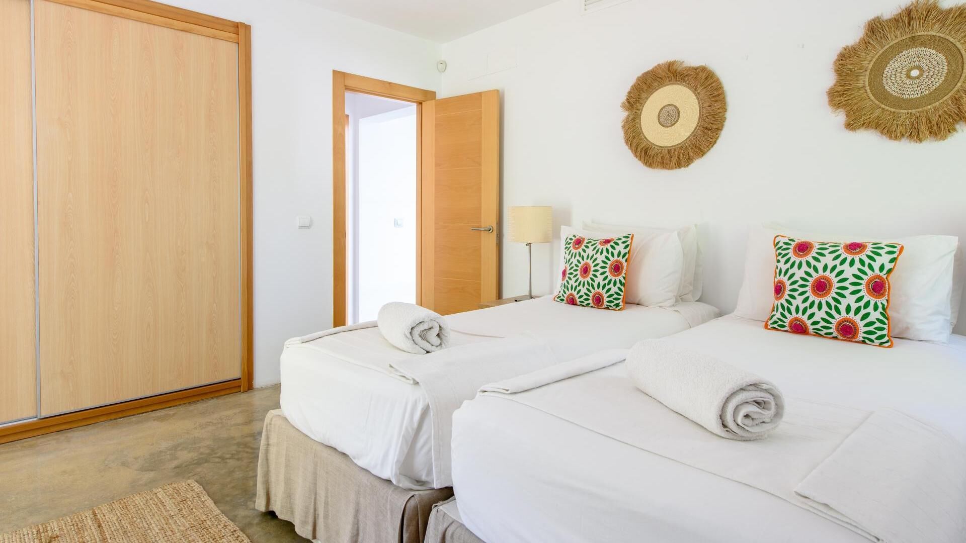 The cool and natural accented bedroom in Villa Fabrik in Ibiza