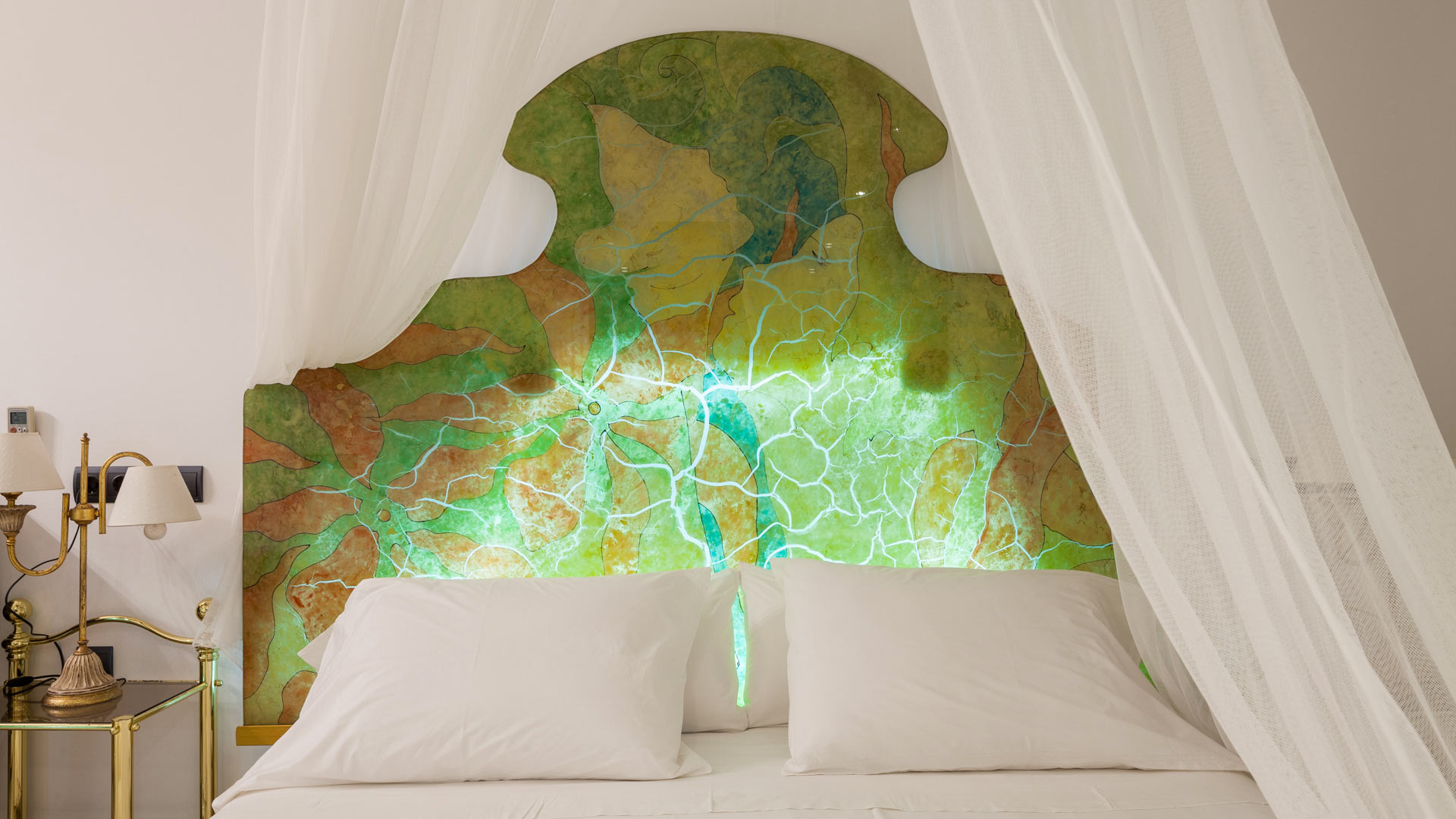 Close up of the unique headboard at Villa Fountain Ibiza
