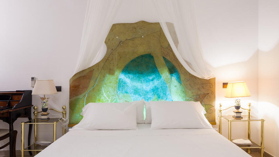 The headboard in the beautiful Villa Fountain Ibiza