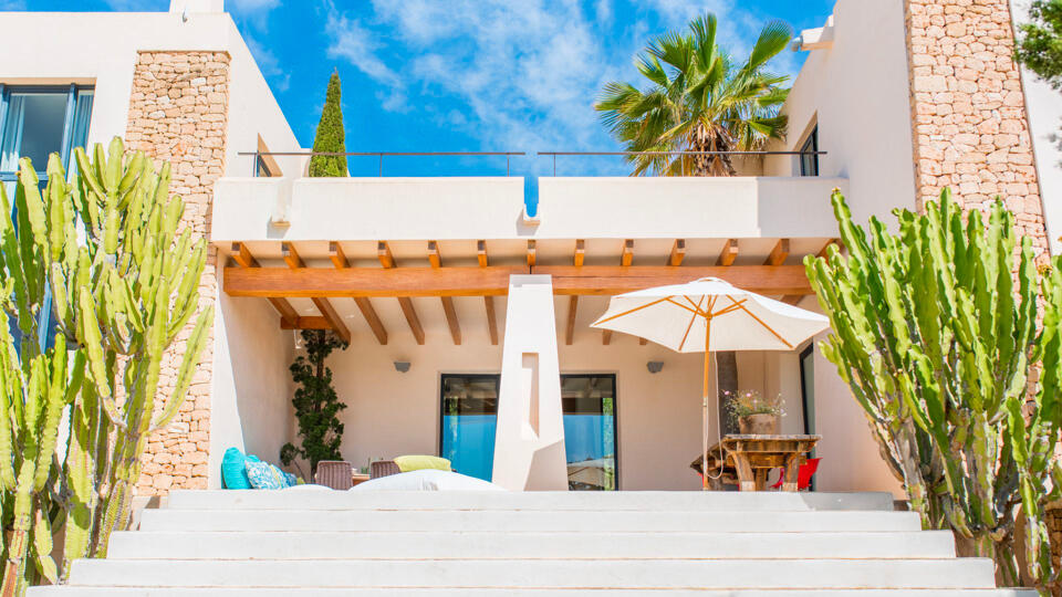 Front exterior view of Ses Boques - luxury villa rental in Ibiza