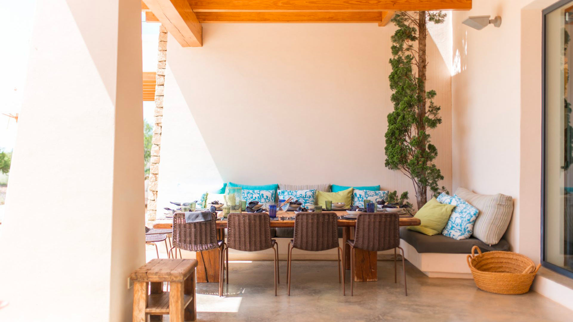 Pergola and dining view from Ses Boques - luxury villa rental in Ibiza