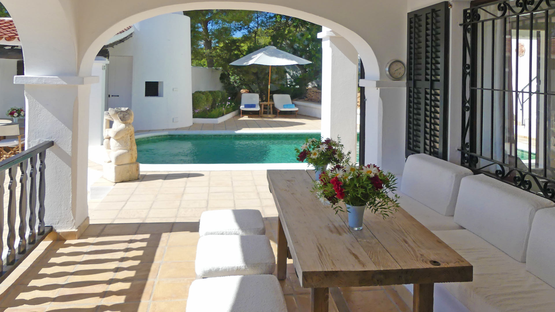 The shaded view of Villa Trillo in Ibiza which leads our to the beautiful pool