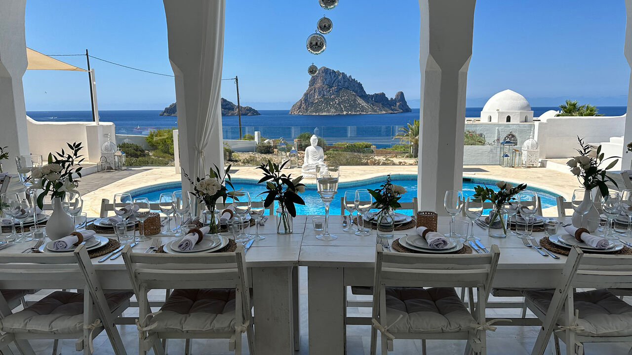 Fully laid out dining table at the exterior Villa Arabian in Ibiza
