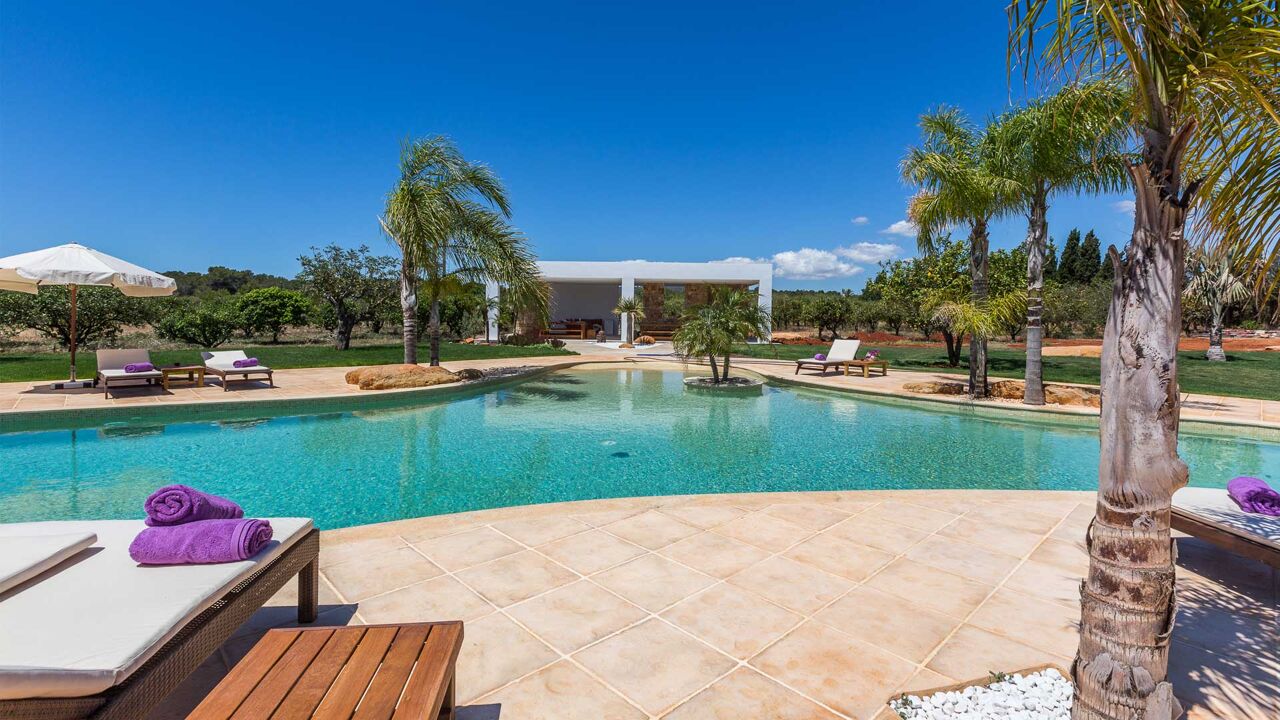 Pool view of the beautiful Villa Es Canar in Ibiza