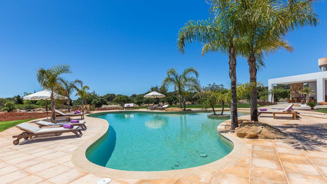 The large oval rounded swimming pool at luxury Villa Es Canar in Ibiza from Bluemoon