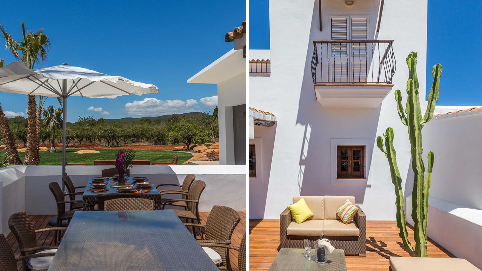 Villa Es Canar's exteriors showing ionic Ibiza architecture and cactuses