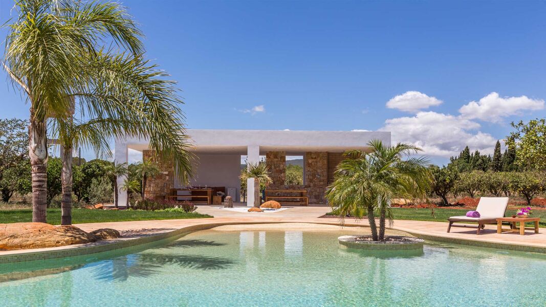 Beautiful lagoon style pool at Villa Es Canar in Ibiza with various palm trees