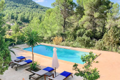 Swimming pool with views of the tall trees in Ibiza at Villa Garroba
