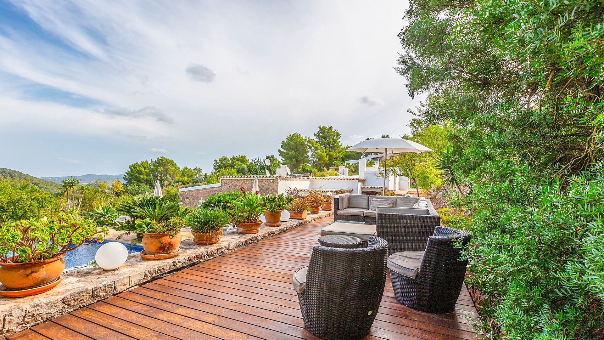 Garden view from Villa Guerxo in Ibiza and the decked area