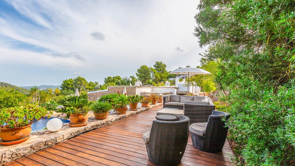 Garden view from Villa Guerxo in Ibiza and the decked area