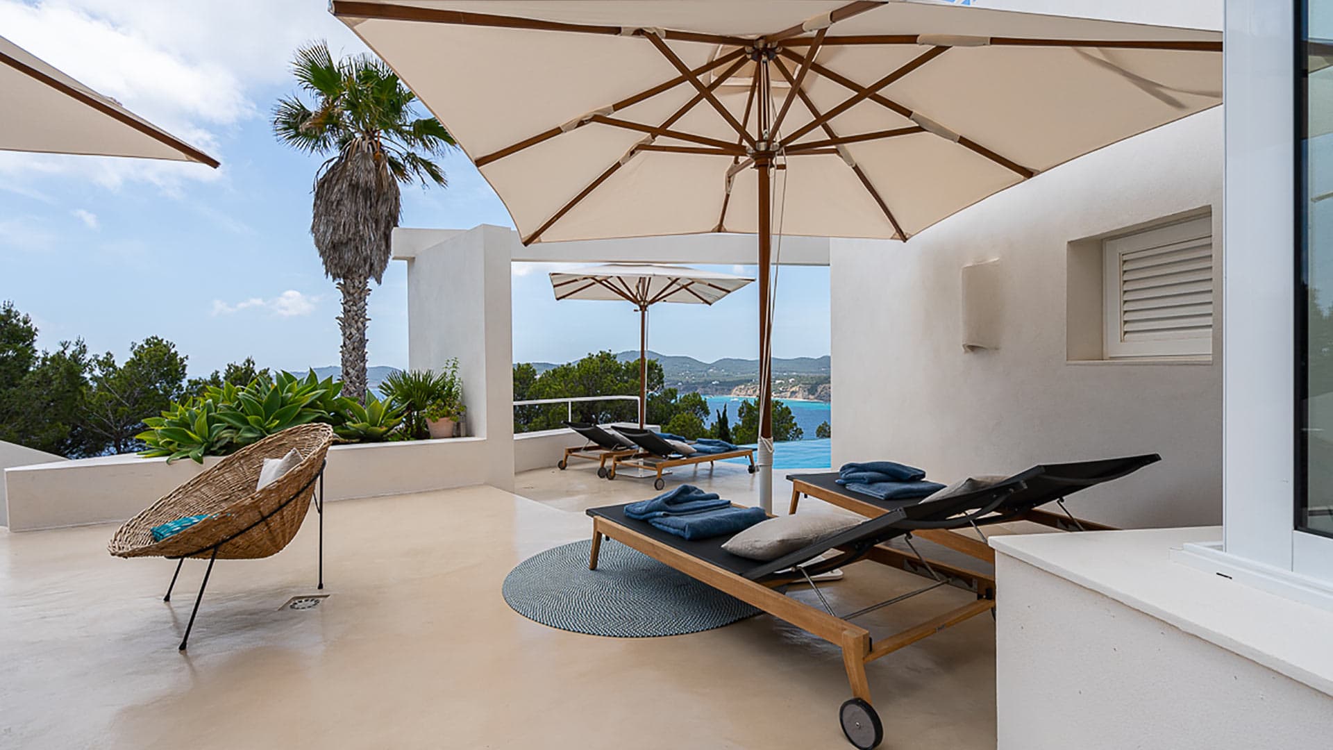 Shaded sunlounger area at luxury Villa Orizonia in Ibiza