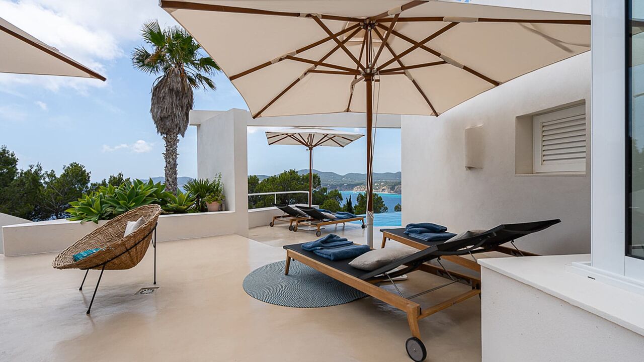 Shaded sunlounger area at luxury Villa Orizonia in Ibiza